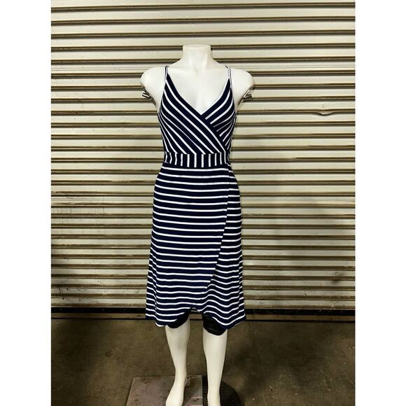 Derek & Heart dress career tie front crossover wrap tank striped navy white soft - Picture 2 of 8